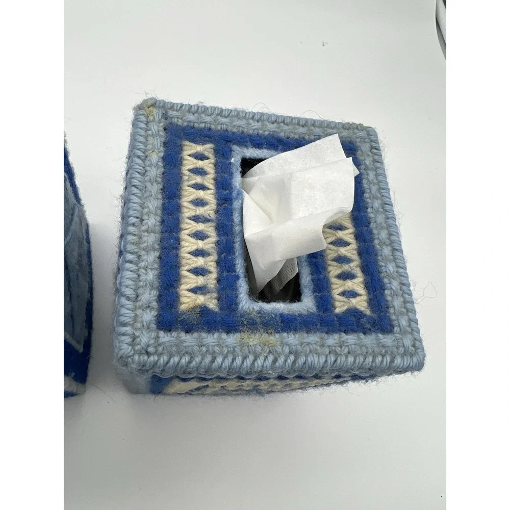 Vintage NEEDLEPOINT TISSUE BOX COVER LOT blue Finished Art MCM Grannycore decor
